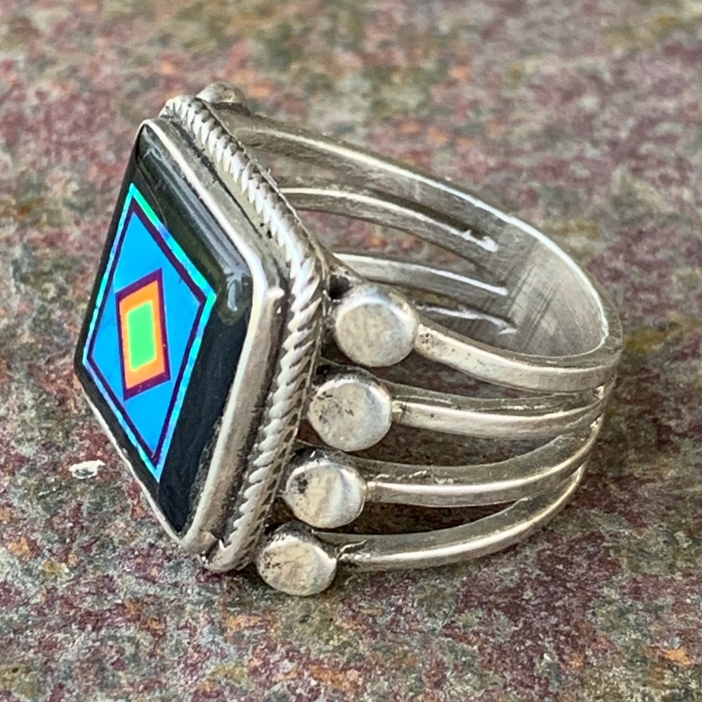 Aldrich Arts * Stunning “Gents” Inlaid Jet Black & Turquoise Ring - Picture 4 of 8